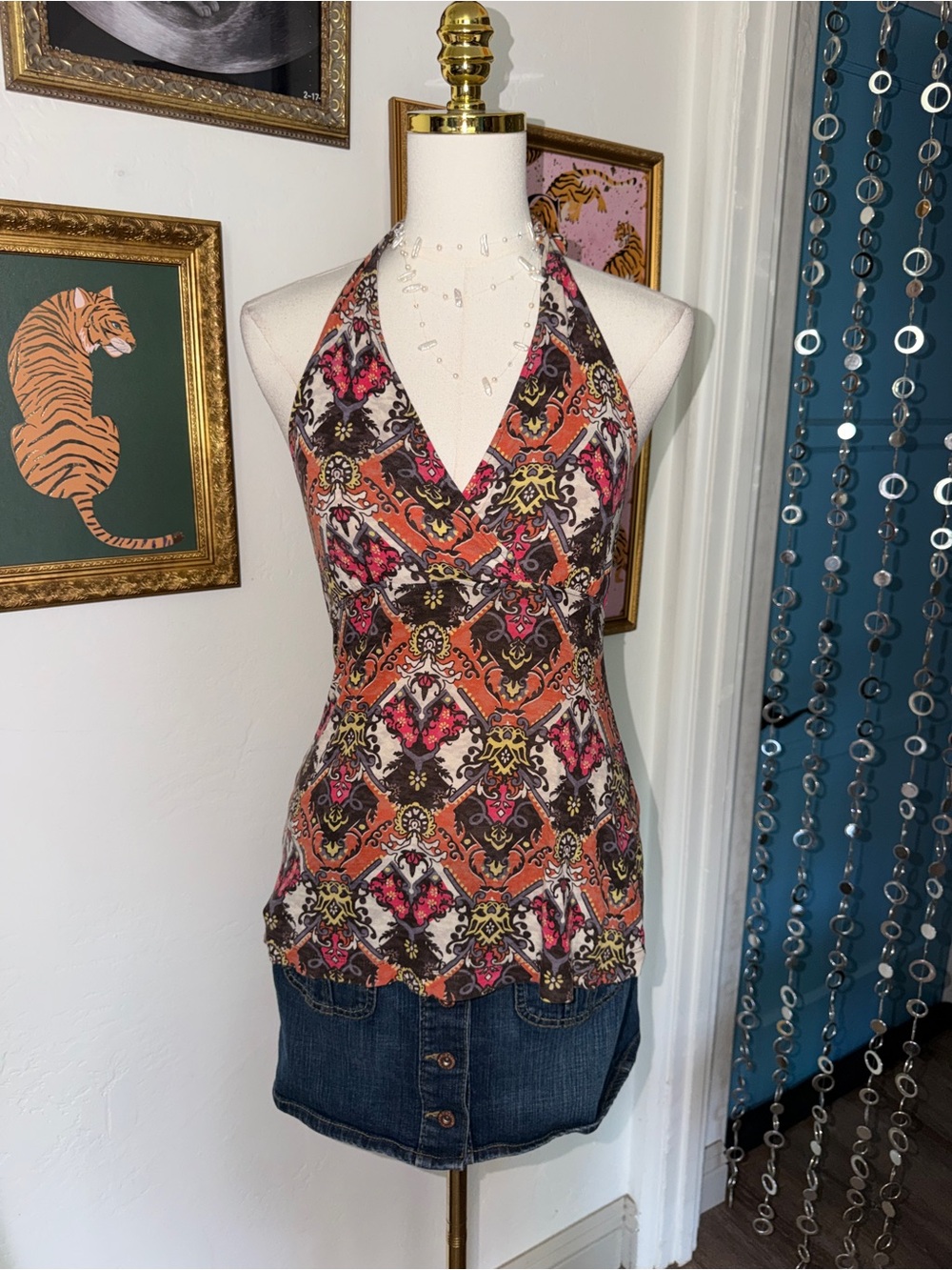 vintage Y2k Mudd Halter Neck Printed Women's Top in Multi-Color